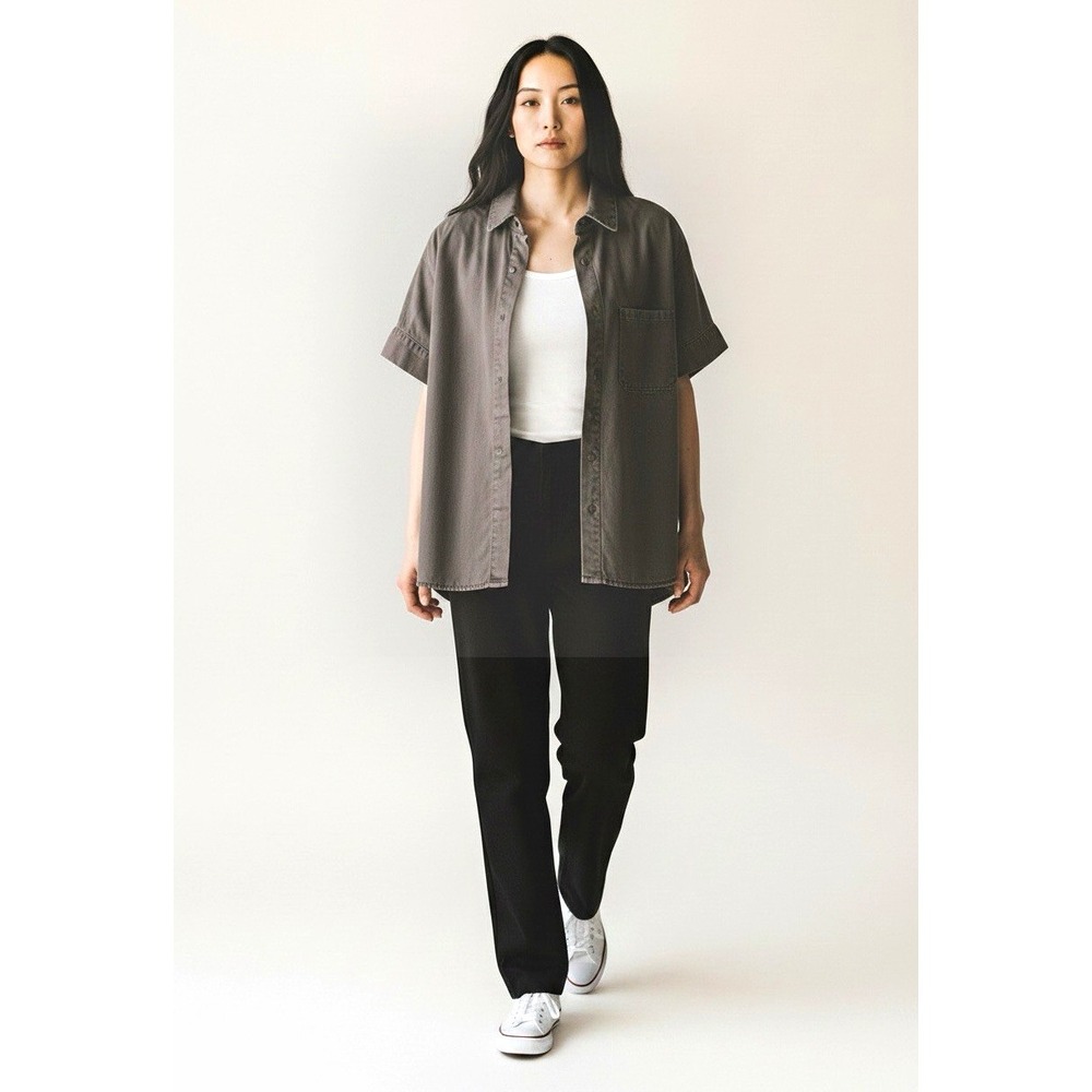 Madewell Unisex Gray Solid Denim Cotton Point Collar Short Sleeve Button-Up M